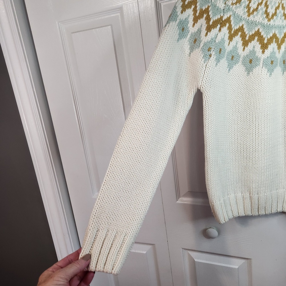 Rachel Zoe Womens Fair Isle Turtleneck Sweater Ivory Gold Sage Blue Small Nordic - Picture 5 of 10